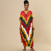 Rainbow Chevron Striped Short Sleeve Brazilian Caftan Cover Up Maxi Dress
